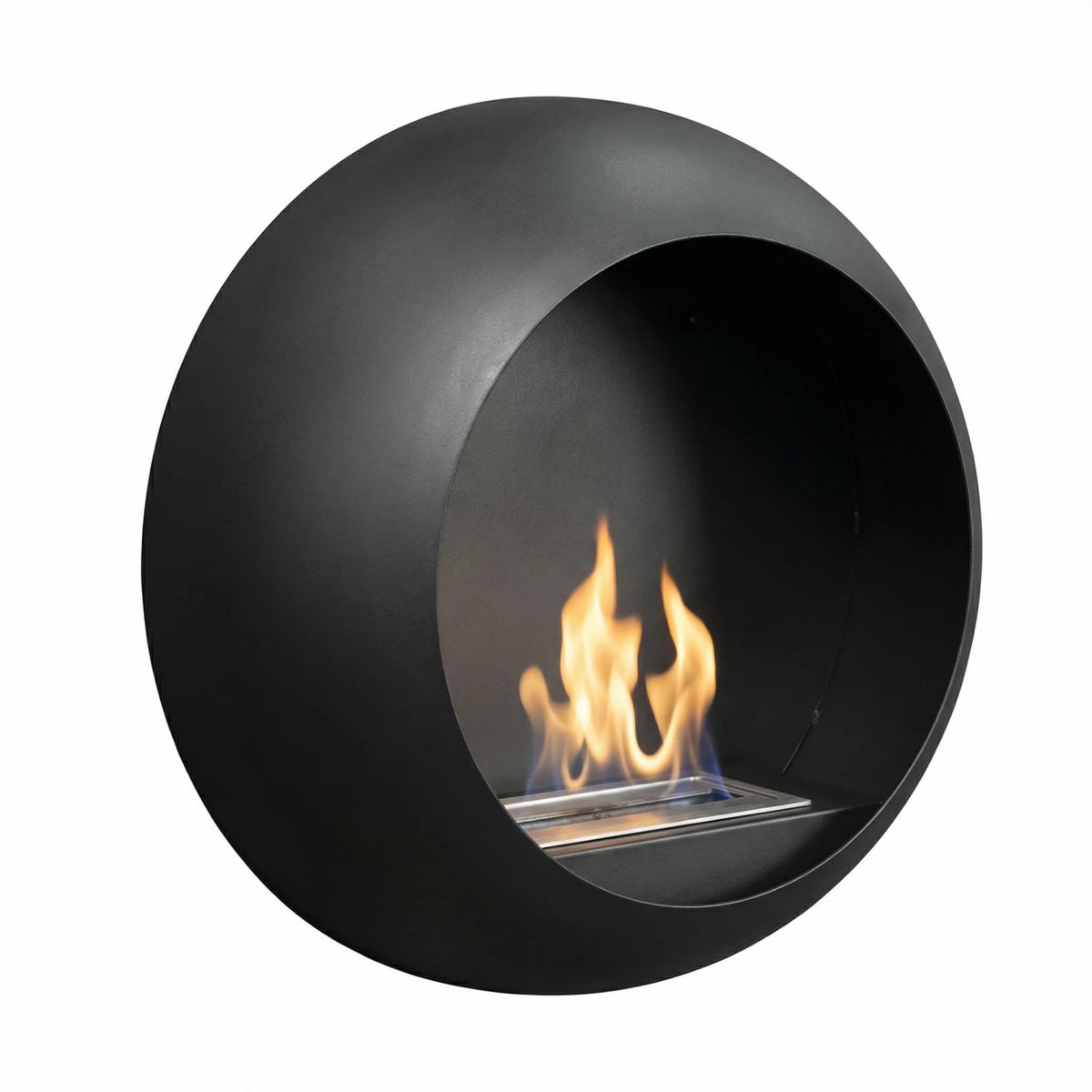 Colorado round black wall-mounted bioethanol fireplace, angled view on white background with a lit realistic flame