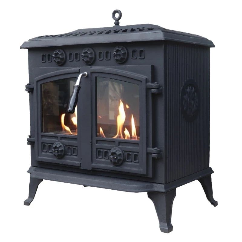 ScandiFlames Spitsbergen cast iron bioethanol stove, angled view with lit flame