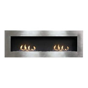Murus 1600 brushed steel bio fireplace, front view on white background, lit with a realistic flame