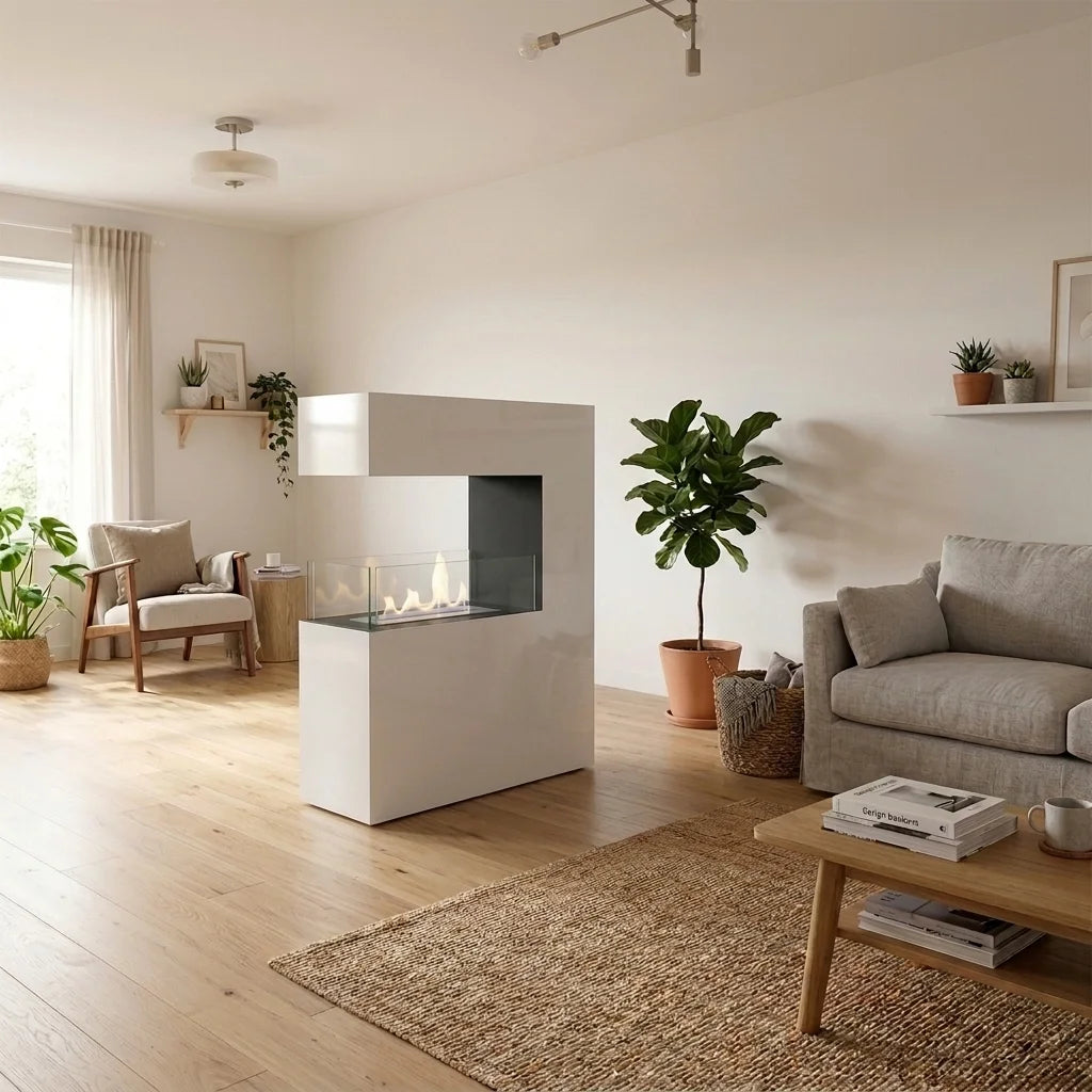 Tall white room divider bio fireplace standing freely in a bright living room, lit flame