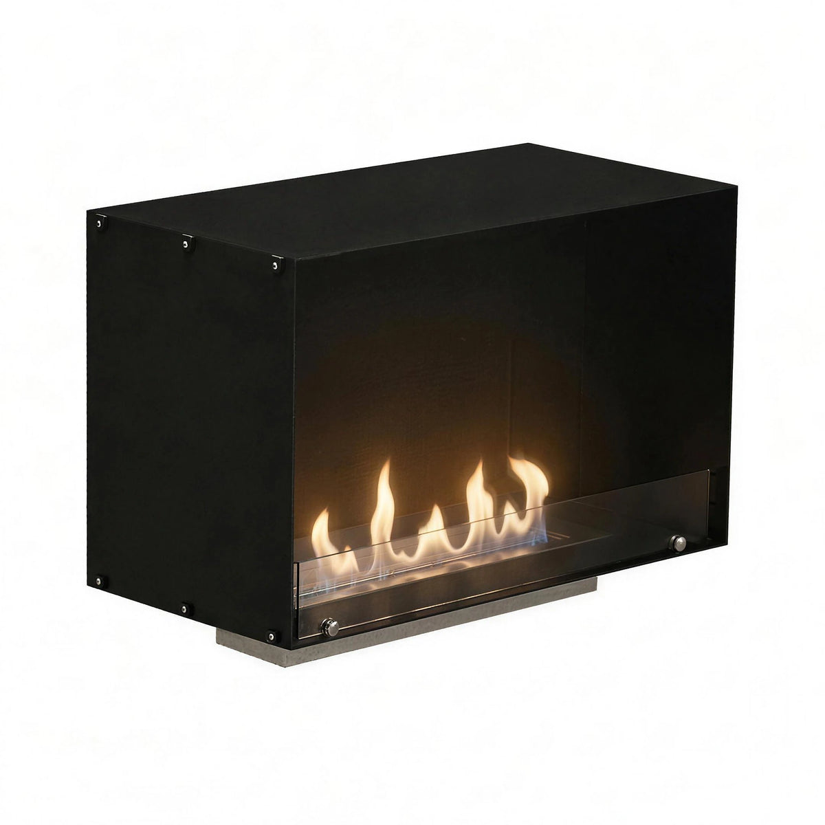 Foco One 800 one-sided built-in bioethanol fireplace with a lit realistic flame, white background studio shot