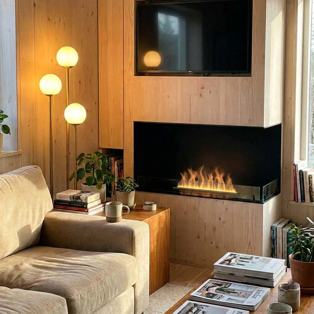 Foco Myst Corner Right 1000 water vapour fireplace built into a wood-panelled corner wall beneath a mounted TV in a cosy living room