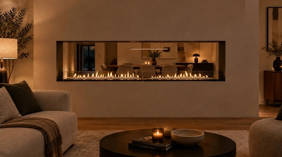 Foco Two 2300 see-through, flames viewed through the partition wall to the room beyond