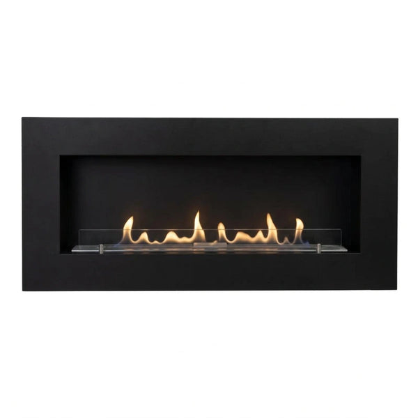 Murus 1200 black bio fireplace, front view on white background, lit with a realistic flame