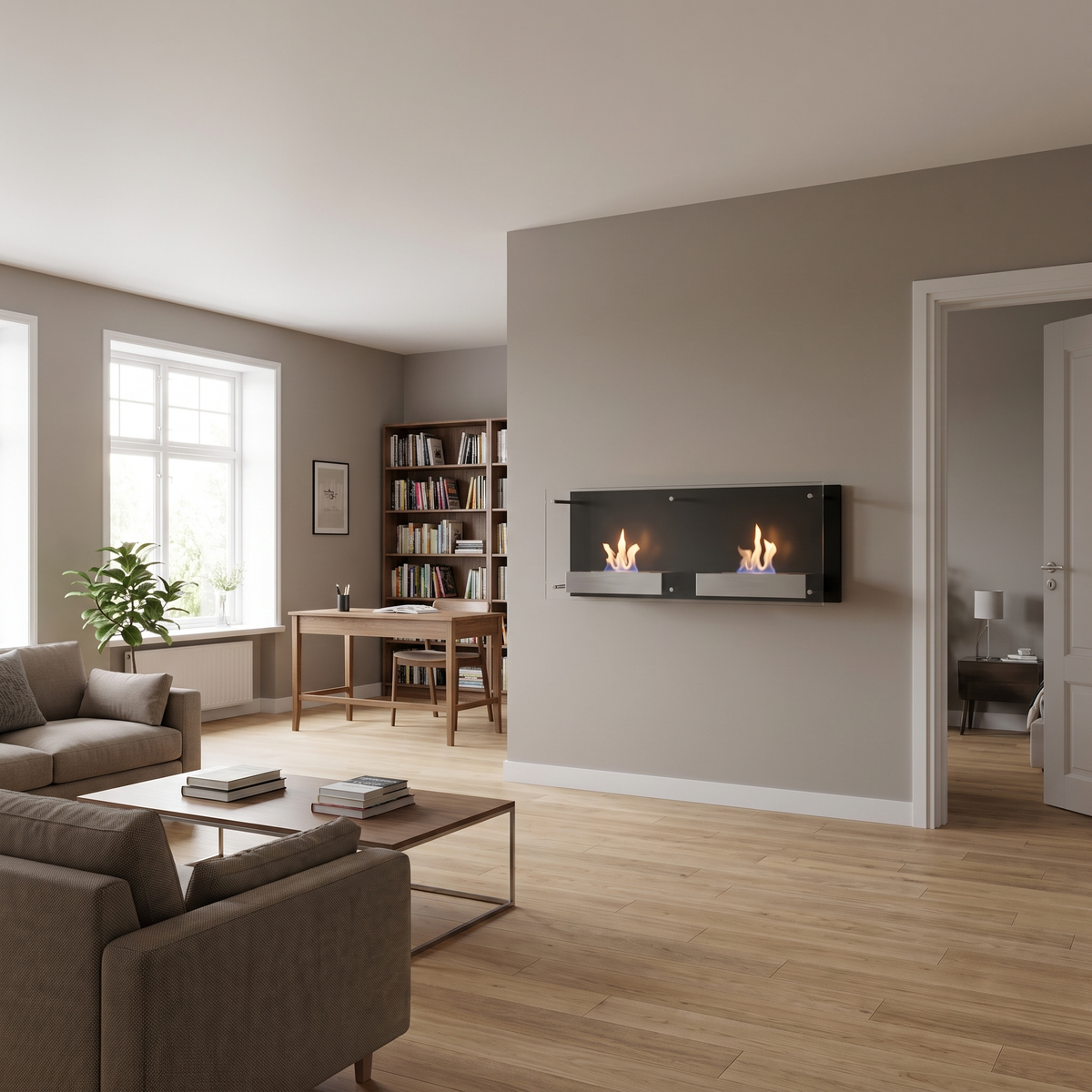 Double Nevada bioethanol wall-mounted fireplace with lit flames, styled in a spacious open-plan living room with a reading nook and hallway visible