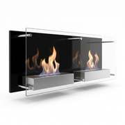 Double Nevada bioethanol wall-mounted fireplace with two realistic lit ethanol flames behind black and clear glass panels, studio photo on white background