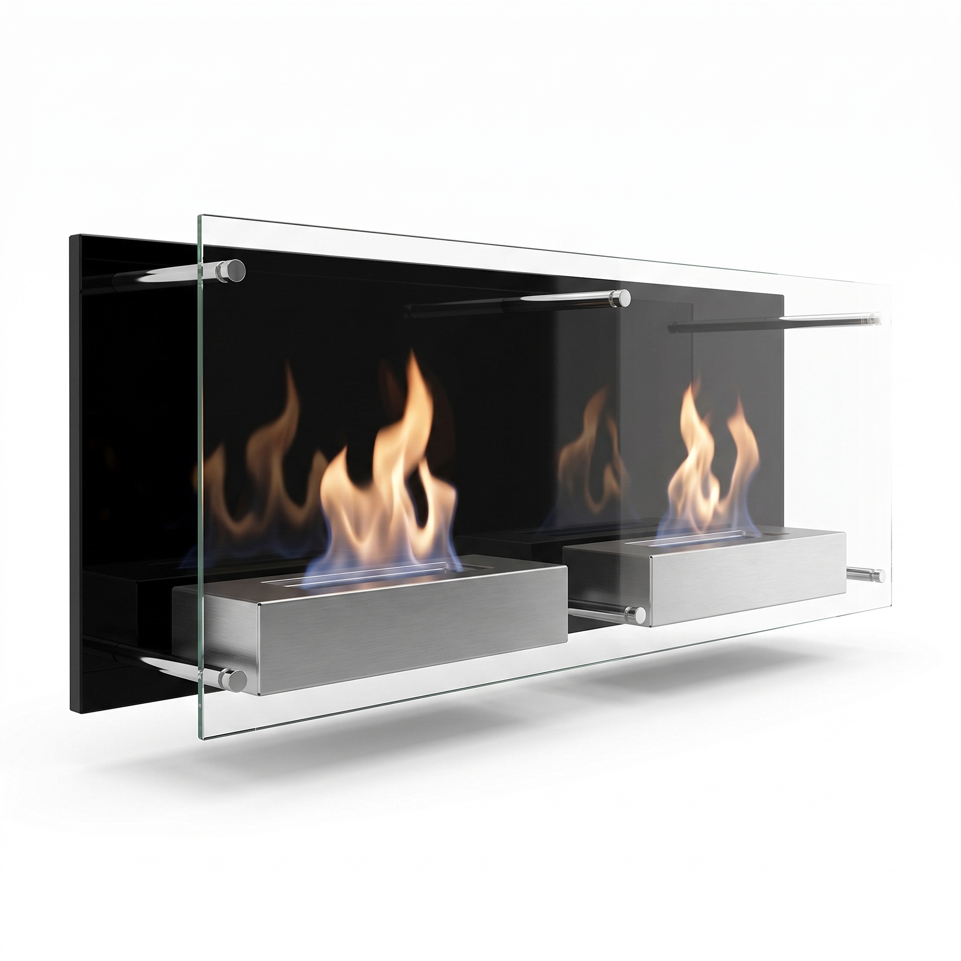 Double Nevada bioethanol wall-mounted fireplace with two realistic lit ethanol flames behind black and clear glass panels, studio photo on white background