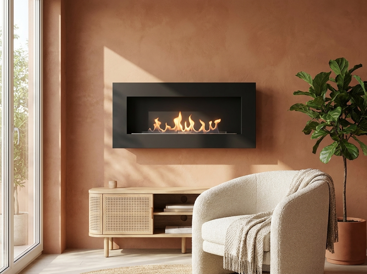 Murus 1200 black bio fireplace mounted on a terracotta wall above a rattan console, lit flame
