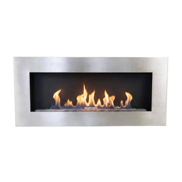 Murus 1200 brushed steel bio fireplace, front view on white background, lit with a realistic flame
