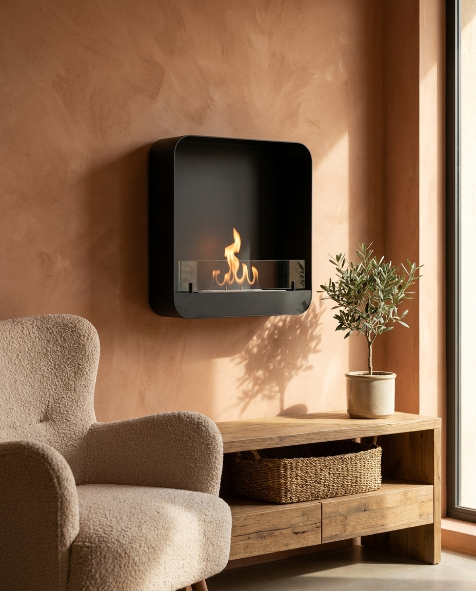 Ohio 60 Black bio fireplace mounted on a terracotta wall in a cozy living room with a boucle armchair and wooden console