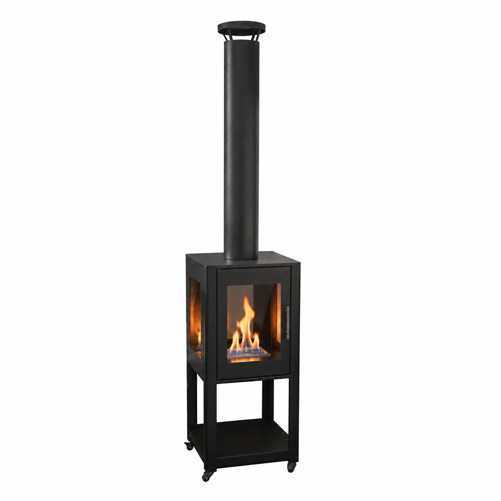 ScandiFlames Natura Garden bioethanol fireplace studio hero shot with a realistic lit flame visible through the 4-sided glass panels, on a white background