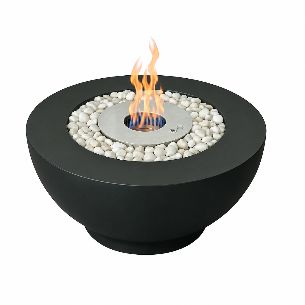 ScandiFlames Circula black bioethanol fire pit with a lit ethanol flame, studio shot on white background