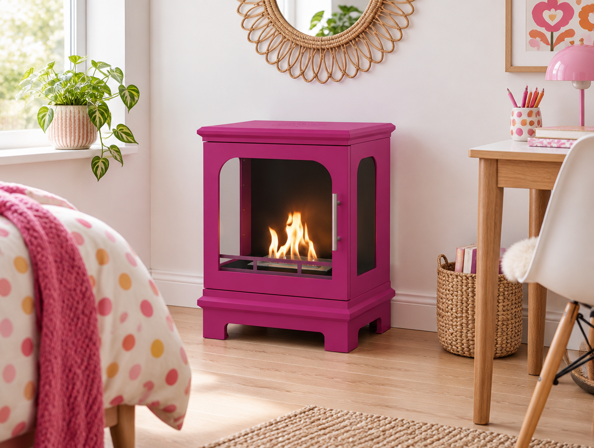 ScandiFlames Honolulu pink bioethanol stove in a bright bedroom corner with a rattan mirror
