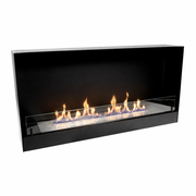 Built-in bioethanol fireplace in black, 100cm, front view with lit flame