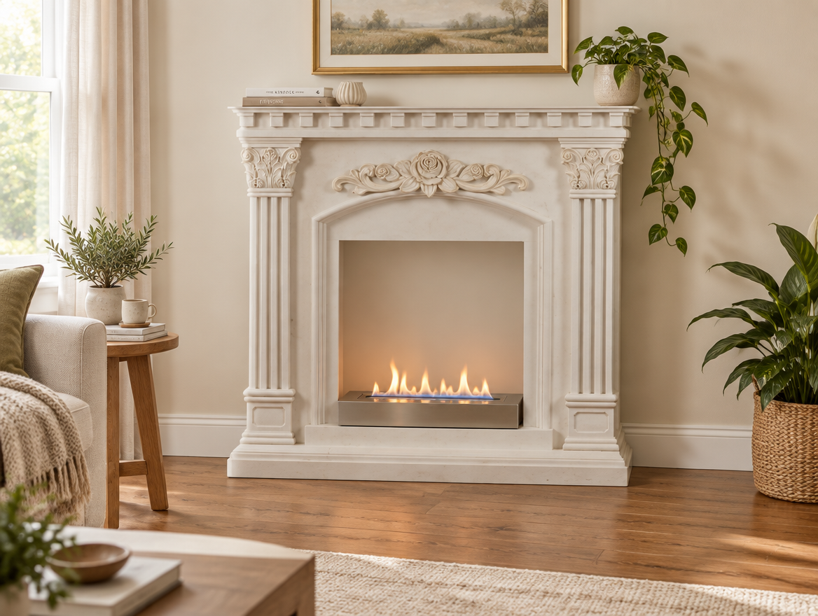 Freyr freestanding fireplace surround styled in a living room with a bioethanol insert installed and lit