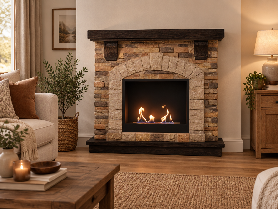 ScandiFlames Eira bioethanol fireplace styled in a warm classic living room with sofa, coffee table and plant, lit real flame