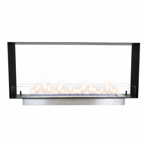 Foco Two 1200 Slim see-through bioethanol fireplace, studio shot with lit flame
