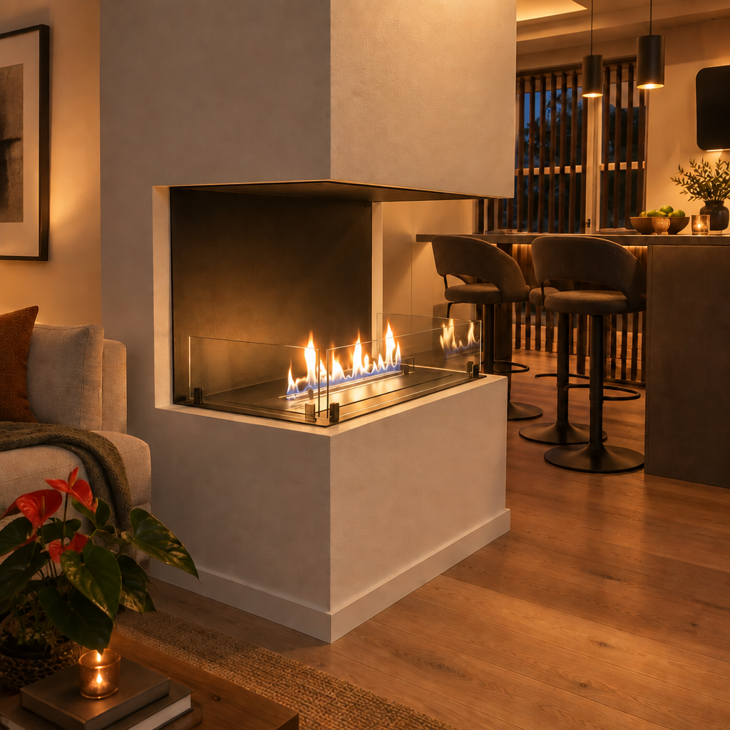 Foco Three 800 built into a corner wall between a living area and kitchen bar, lit flame, evening lighting.