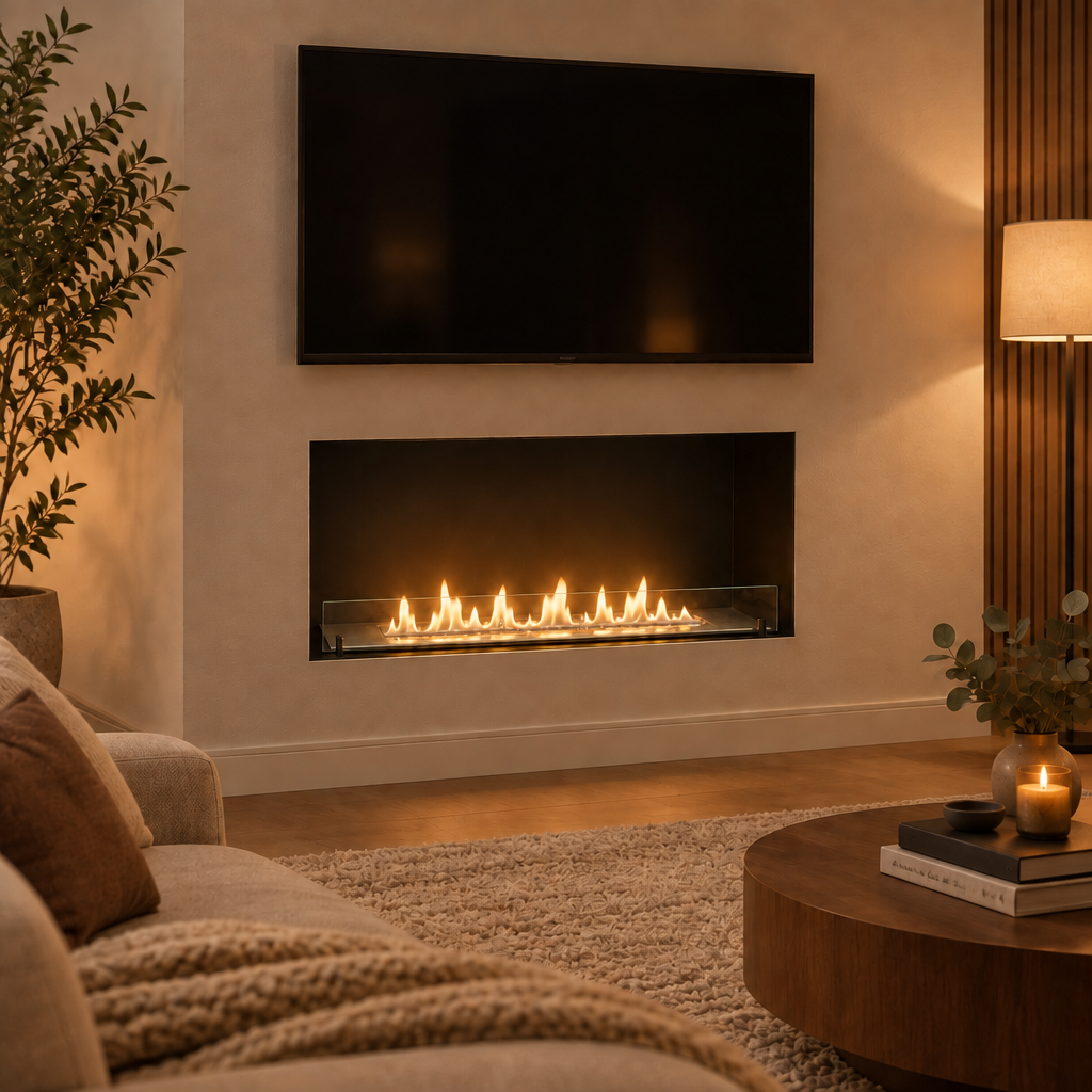 Foco One 1100 Medium built into a plastered living room wall below a wall-mounted TV, realistic lit ethanol flame