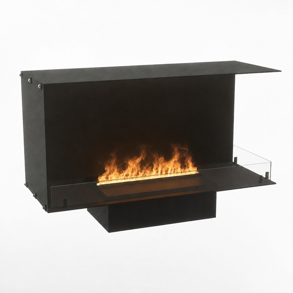 Foco Myst Corner Right 1000 water vapour fireplace, studio shot with realistic Opti-myst flame effect