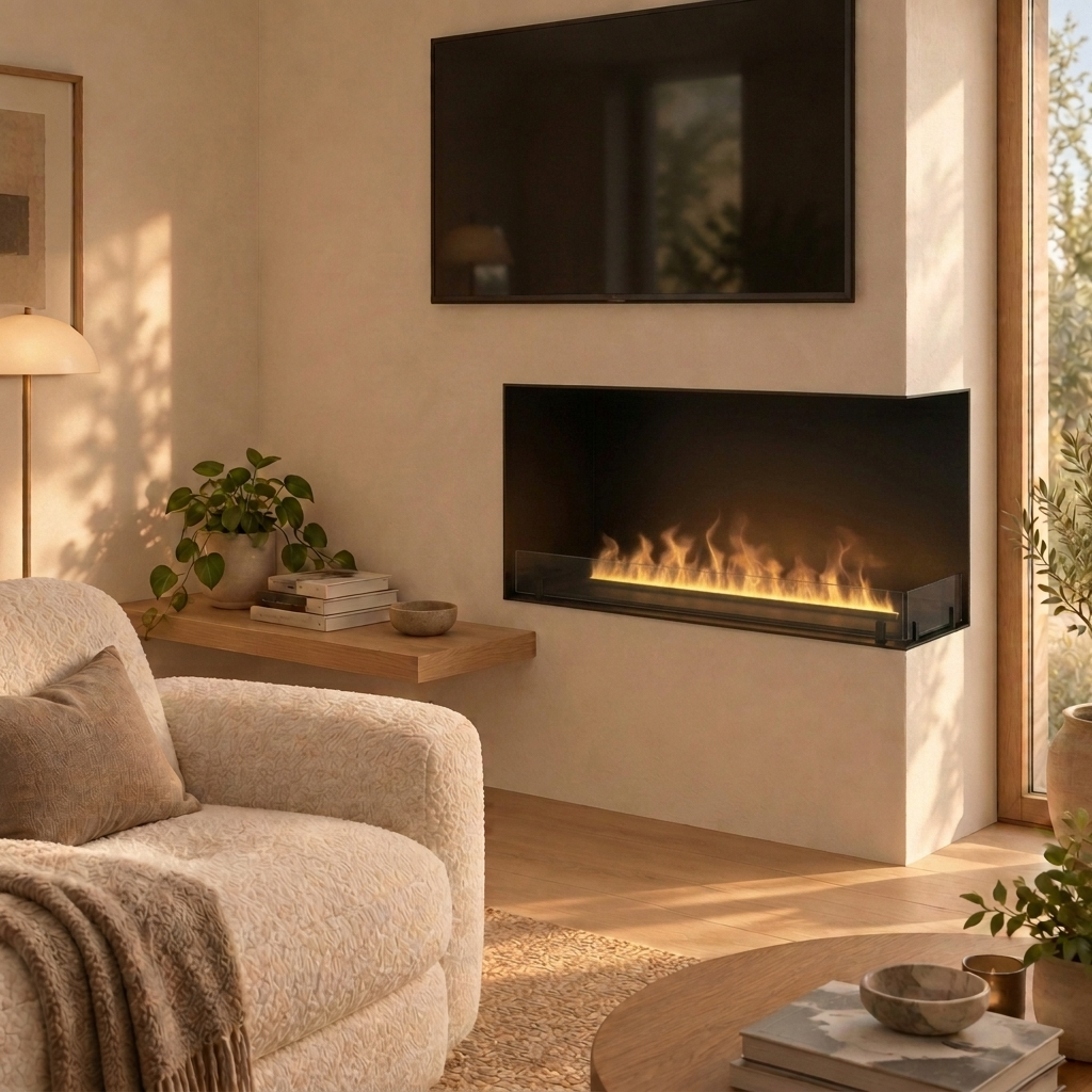 Foco Myst Corner Right 1200 water vapour fireplace built into a warm off-white plastered corner niche in a living room
