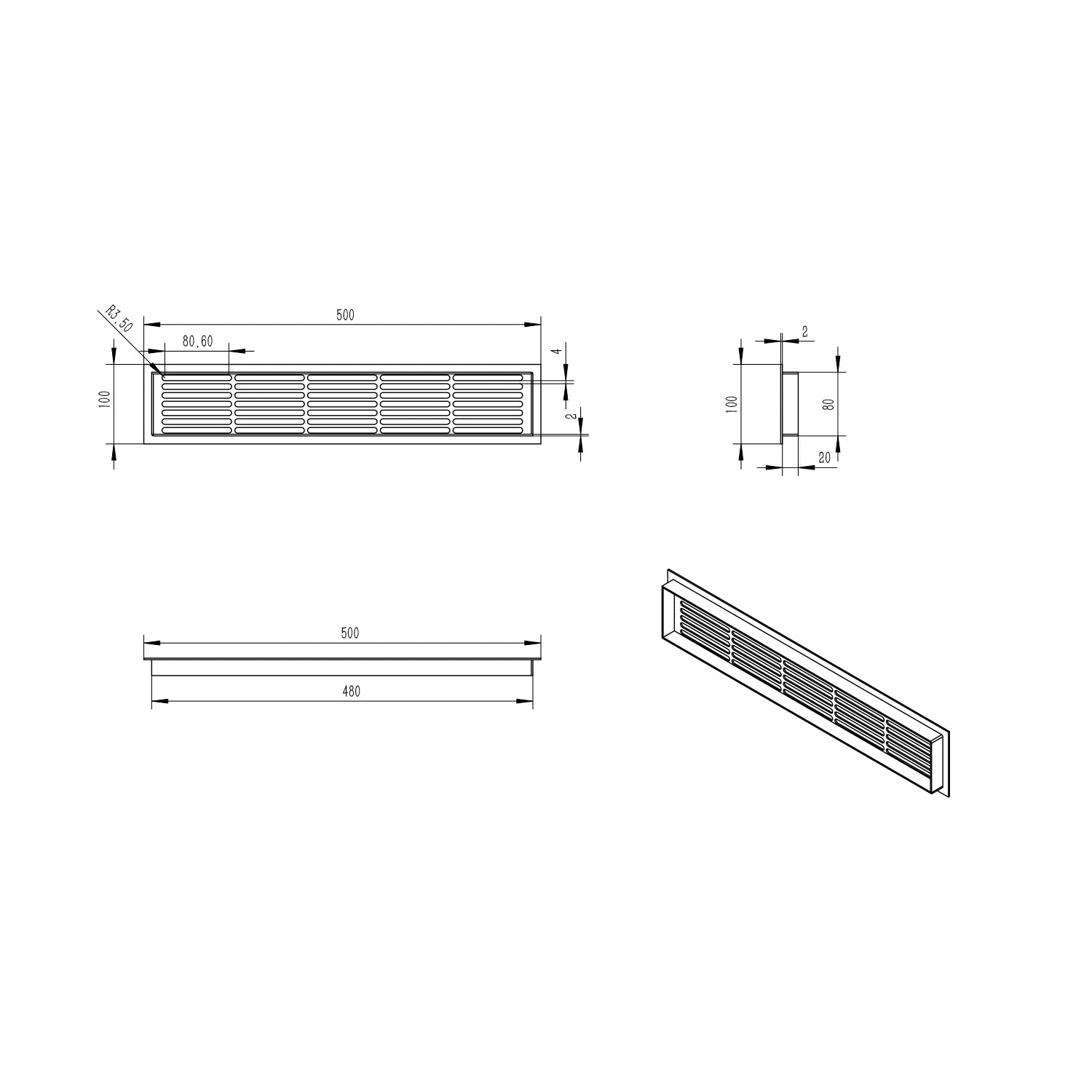 Venttiiliritilä musta – 50×10 cm – 214 cm²